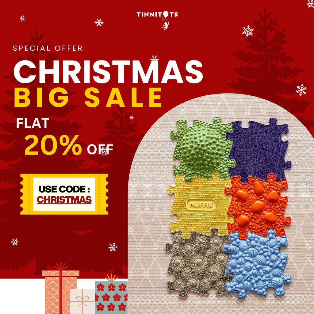 Christmas sale advertisement with colorful puzzle toys and promotional text on a red background.